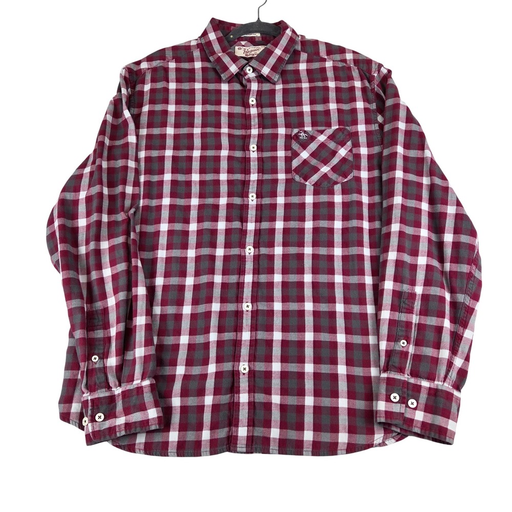 Original Penguin Plaid Button Down Shirt Mens XL Red Gray Long Sleeve Preppy Ivy